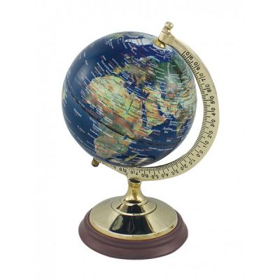 Globe, dark blue, with brass/wood base, H: 22,5cm, Ø: 12,5/11cm