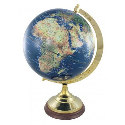 Globe, dark blue, with brass/wood base, H: 47cm, Ø: 30/20cm