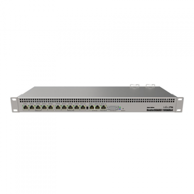 Mikrotik Wired Ethernet Router RB1100AHx4 Dude Edition, 1U Rackmount, Quad core 1.4GHz CPU, 1 GB RAM, 128 MB, 60GB M.2 SSD included, 13xGigabit LAN, 1xSerial console port RS232, 2x SATA3 ports, 2xM.2