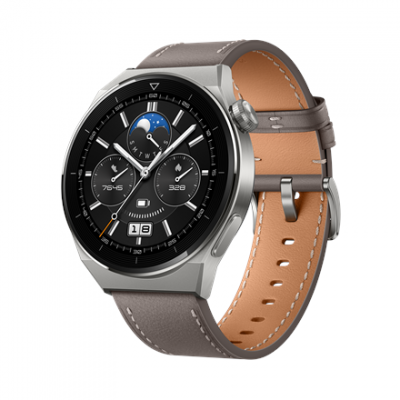 Huawei WATCH GT 3 Pro Smart watch GPS (satellite) AMOLED Touchscreen Activity monitoring 24/7 Waterproof Bluetooth Titanium Case with Gray Leather Strap, Odin-B19V