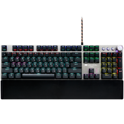 CANYON Nightfall GK-7, Wired Gaming Keyboard,Black 104 mechanical switches,60 million times key life, 22 types of lights,Removable magnetic wrist rest,4 Multifunctional control knobs,Trigger actuatio