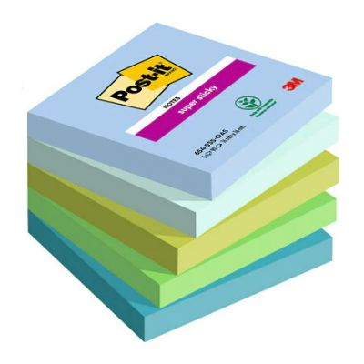 Post-it® Super Sticky Notes, Oasis Colour Collection, 76 mm x 76 mm, 90 Sheets/Pad, 5 Pads/Pack