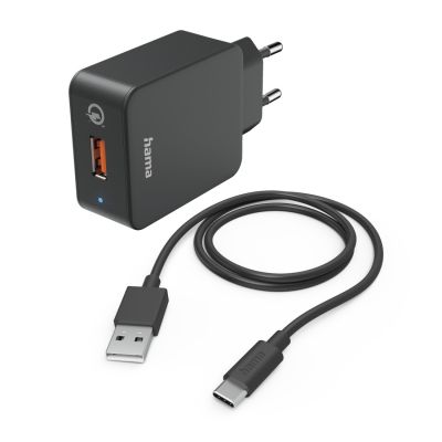 USB-laadija seinapesasse Hama Charger Kit, USB3.0, Type-C kaabel 1.5m, Qualcomm QC3.0 3A 19.5W, black/must, Turbo Fast Charge