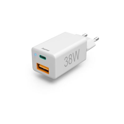 Hama - Fast Charger, 1x USB-C PD, 1x USB-A QC, Mini-Charger, 38 W, white