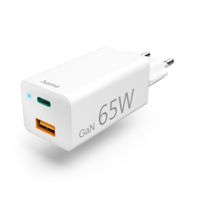 Hama GaN Charger, USB-C Power Delivery (PD) + USB-A QC 3.0, 65W, white