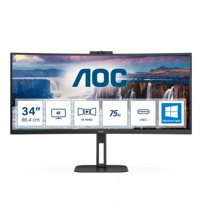 LCD Monitor|AOC|CU34V5CW/BK|34"|Curved/21 : 9|Panel VA|3440x1440|21:9|100Hz|Matte|1 ms|Speakers|Camera|Swivel|Height adjustable|Tilt|Colour Black|CU34V5CW/BK