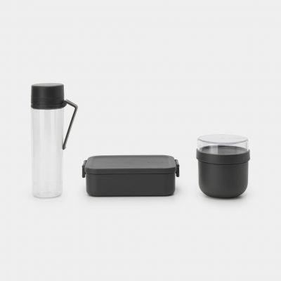 Toidukarpide hommiku -ja lõunakomplekt Make & Take, plastist, tume hall (veepudel, kauss ja Medium toidukarp)
