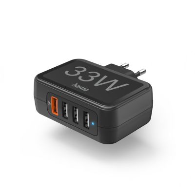 USB-laadija seinapesasse Hama 33W 4-port (1x QC3.0 USB-A 18W, 3x USB-A max 15W), black/must, IC, Qualcomm Quick Charge 3.0