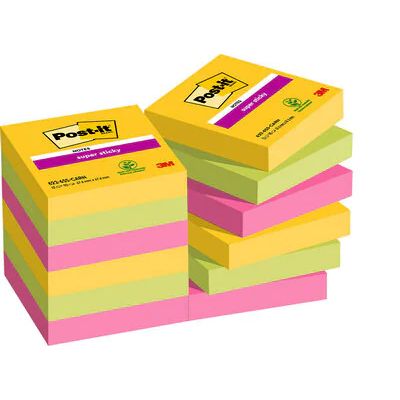 Post-it® Super Sticky Notes, Carnival Colour Collection, 47.6 mm x 47.6 mm, 90 Sheets/Pad, 12 Pads/Pack, Cardboard Pack