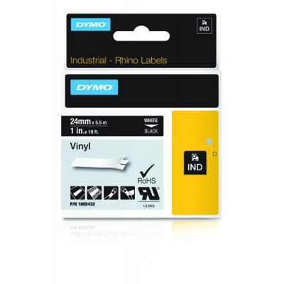 Kleepkirjalint Dymo 24mm, must/valgel RHINO Tape 1805431 Black on White, Coloured Vinyl 5,5m