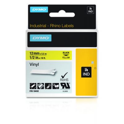 Kleepkirjalint Dymo 12mm, must/kollasel RHINO Tape 18432 Black on Yellow, Coloured Vinyl 5,5m