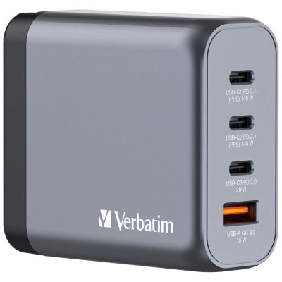 USB-laadija seinapesasse Verbatim GAN, 2xUSB-C 140W, 1xUSB-C 20W (PD3.0), USB-A 20W ja USB-A 18W QuickCharge QC3.0, EU/UK/US seinapistik