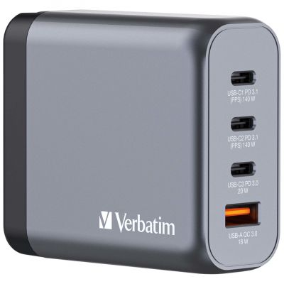 USB-laadija seinapesasse Verbatim GaN 140W, 2xUSB-C, 1xUSB-C (PD3.0), USB-A 20W ja USB-A 18W QuickCharge QC3.0, EU/UK/US seinapistik