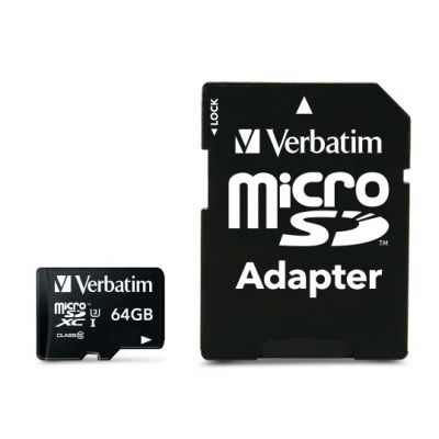 Mälukaart Secure Digital Verbatim MicroSDXC 64GB Pro Class10 UHS-I U3 r90MB/sec w45MB/sec + SD-adapter