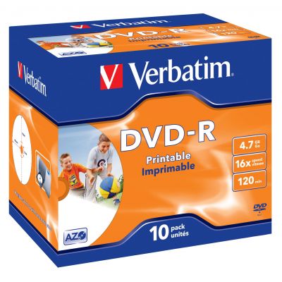 DVD-R Verbatim 4.7GB 120min 16x Jewel 10, 10 blanks in standard packaging Wide Inkjet Printable, AZO Protection, Recordable