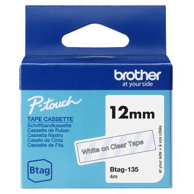 Kleepkirjalint Brother BTAG-135 läbipaistev, valge tekst, laius 12mm mudelitele PT-N10, N20, N25