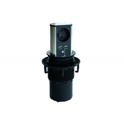 Socket for table Bachmann ELEVATOR 1xSchuko+1x USB charger 3.1A (2xUSB Ports A), 2m black power cord; stainless finish