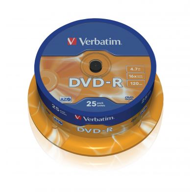 DVD-R Verbatim 4.7GB 120min 16x Cake 25, Advanced AZO + Protection, Recordable, 25 blanks per tower