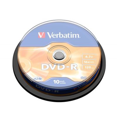 DVD-R Verbatim 4.7GB 120min 16x Cake 10, Advanced AZO + Protection, Recordable, 10 blanks per tower