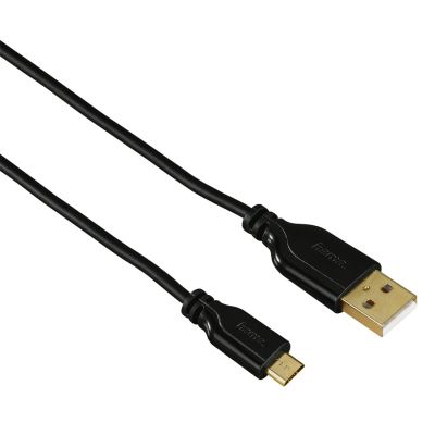 USB-kaabel Hama USB-A -> microUSB, 0.75m, kullatud kontaktid, õhukesed ja väikesed pistikud, must