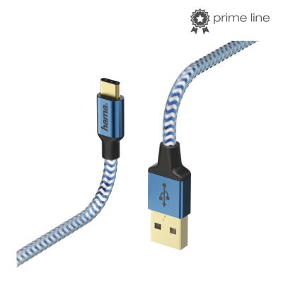 USB cable Hama USB3.0 Type-C connector (USB3.1 Gen1) blue nylon, 1.5m double shielded, gold-plated contacts, charging up to 3A