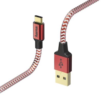 USB cable Hama USB3.0 Type-C connector (USB3.1 Gen1) red nylon, 1.5m double shielded, gold-plated contacts, charging up to 3A
