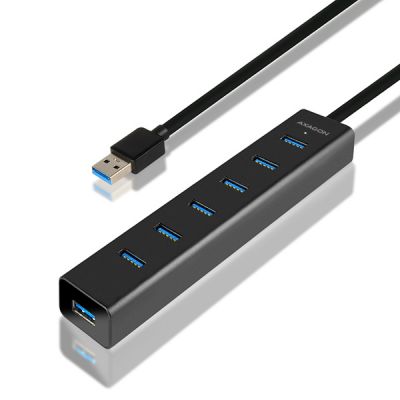 HUE-SA7BP USB3.0 CHARGING HUB Seven-port USB 3.0 hub with fast charging support. Power adapter included. Black.
