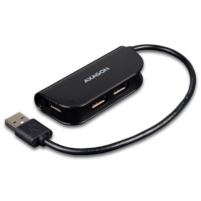 Handy four-port USB 2.0 hub with a permanently connected USB cable. Black.