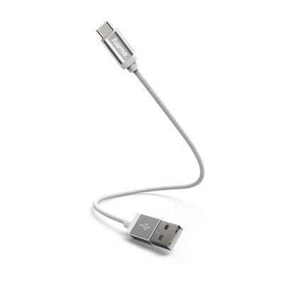 USB cable USB-C USB-A 0.2m Hama USB-C Adapter Cable, textile cover, USB2.0 max 480Mbps, white / silver, 5V max 3A