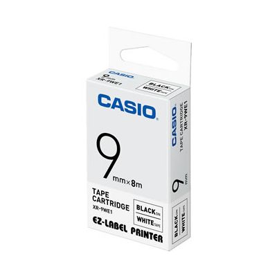 Casio Color tape XR-9WE1. Black text on white tape. 9mm wide, 8m long.