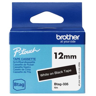 Kleepkirjalint Brother BTAG-335 must, valge tekst, laius 12mm mudelitele PT-N10, N20, N25