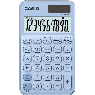 Taskukalkulaator Casio SL-310UC LightBlue/helensinine - 10 kohaline, tava- ja päikesepatarei, 50gr, 8x70x118mm, kaasas ümbris, Casio loogika
