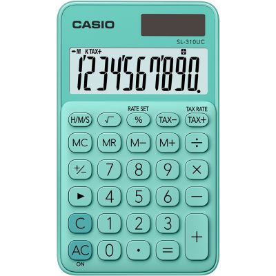 Pocket calculator Casio SL-310UC Green / green - 10 places, standard and solar battery, 50gr, 8x70x118mm, case included, Casio logic