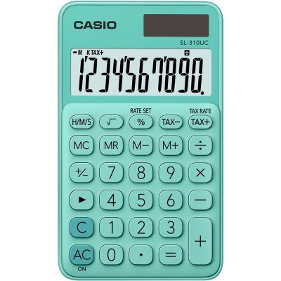 Taskukalkulaator Casio SL-310UC Green/roheline - 10 kohaline, tava- ja päikesepatarei, 50gr, 8x70x118mm, kaasas ümbris, Casio loogika