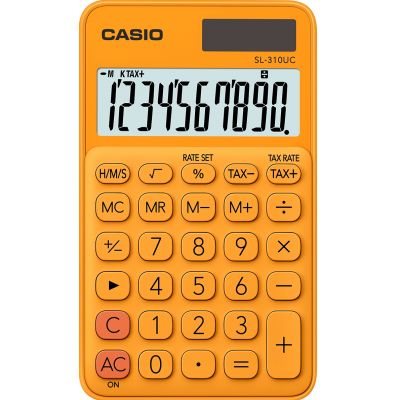 Taskukalkulaator Casio SL-310UC Orange/oranž - 10 kohaline, tava- ja päikesepatarei, 50gr, 8x70x118mm, kaasas ümbris, Casio loogika