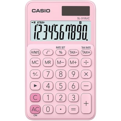 Taskukalkulaator Casio SL-310UC Pink/roosa - 10 kohaline, tava- ja päikesepatarei, 50gr, 8x70x118mm, kaasas ümbris, Casio loogika
