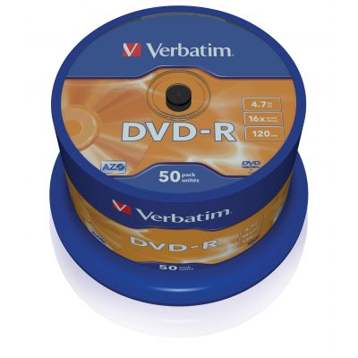 DVD-R Verbatim 4.7GB 120min 16x Cake 50, Advanced AZO + Protection, Recordable, 50 blanks per tower