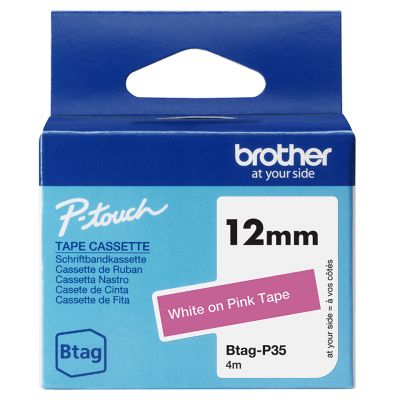 Kleepkirjalint Brother BTAG-P35 roosa, valge tekst, laius 12mm mudelitele PT-N10, N20, N25
