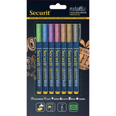 Blackboard markers SECURIT Liquid Small Metallic, for chalkboard 1-2mm, pack of 7 different colors / set.