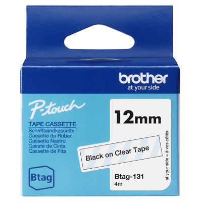 Kleepkirjalint Brother BTAG-131 läbipaistev, must tekst, laius 12mm mudelitele PT-N10, N20, N25