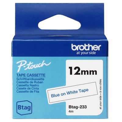 Kleepkirjalint Brother BTAG-233 valge, sinine tekst, laius 12mm mudelitele PT-N10, N20, N25