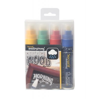 Board markers SECURIT Waterproof, for chalk and glass board 7-15mm, pack of 4 colors: yellow, green, red, blue / 4 pcs set.