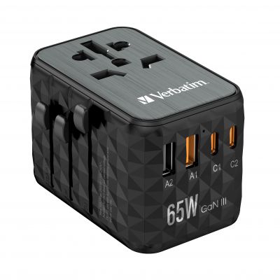 Reisiadapter Verbatim World-to-World adapter UTA-05, PD 65W, 2xUSB-C, 2xUSB-A QC3.0, ülepingekaitse, must, Sobiv:EU/UK/USA/JAP/AUS