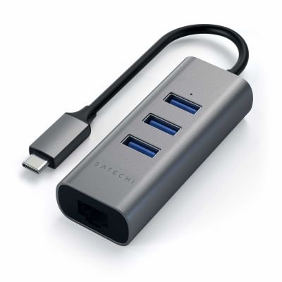 SATECHI Type-C 2-in-1 USB 3.0 Aluminum 3 Port Hub and Ethernet Port Space Gray