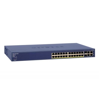 Netgear ProSafe Fast Ethernet Smart Managed PRO Switch, 24x10/100 RJ45 ports, 2 Copper and 2 combo copper/SFP, 24 PoE 802.3af, 192W PoE budget, Web GUI, RMON, SNMP, 128 VLANs, Rack-mounting kit