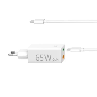 USB-laadija seinapesasse Hama GaN 65W, USB-C Power Delivery (PD) + USB-A Qualcomm QuickCharge QC3.0, white/valge, USB-C kaabel 2m