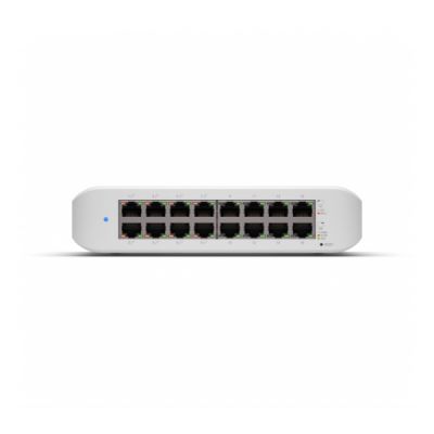 UBIQUITI Lite 16 PoE; (8) GbE PoE+, (8) GbE ports; 45W total PoE availability; Wall mountable.