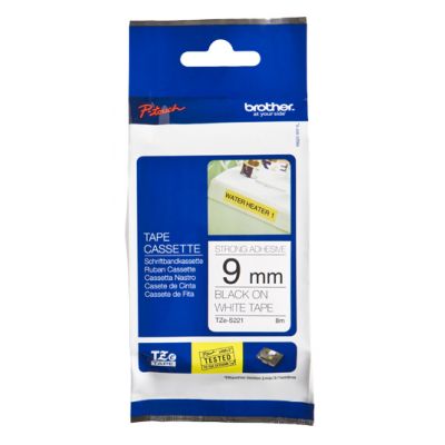 Kleepkirjalint Brother TZE-S221 Strong Adhesive valge, must tekst, laius 9mm