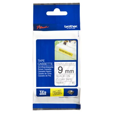 Kleepkirjalint Brother TZE-S121 Strong Adhesive läbipaistev, must tekst, laius 9mm, pikkus 8m