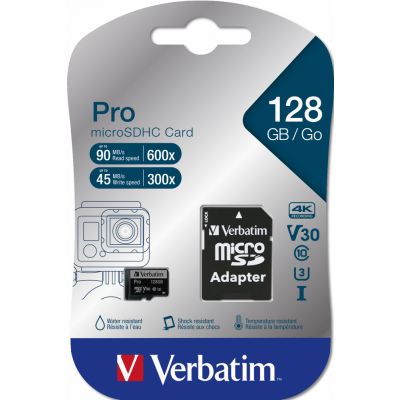 Mälukaart Secure Digital Verbatim MicroSDXC 128GB Pro Class10 UHS-I U3 r90MB/sec w45MB/sec + SD-adapter